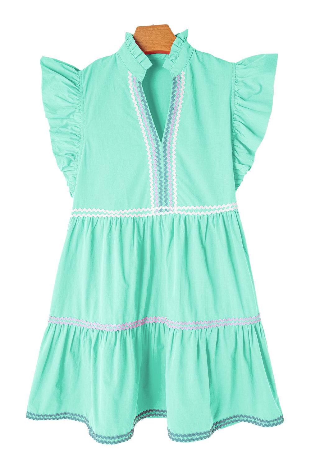 Mint Green Ric Rac Colorblock Flutter Sleeve V Neck Tiered Dress