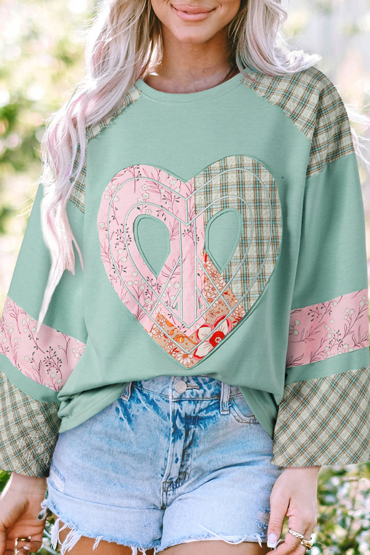 Plaid Floral Peace Heart Graphic Wide Long Sleeve Top