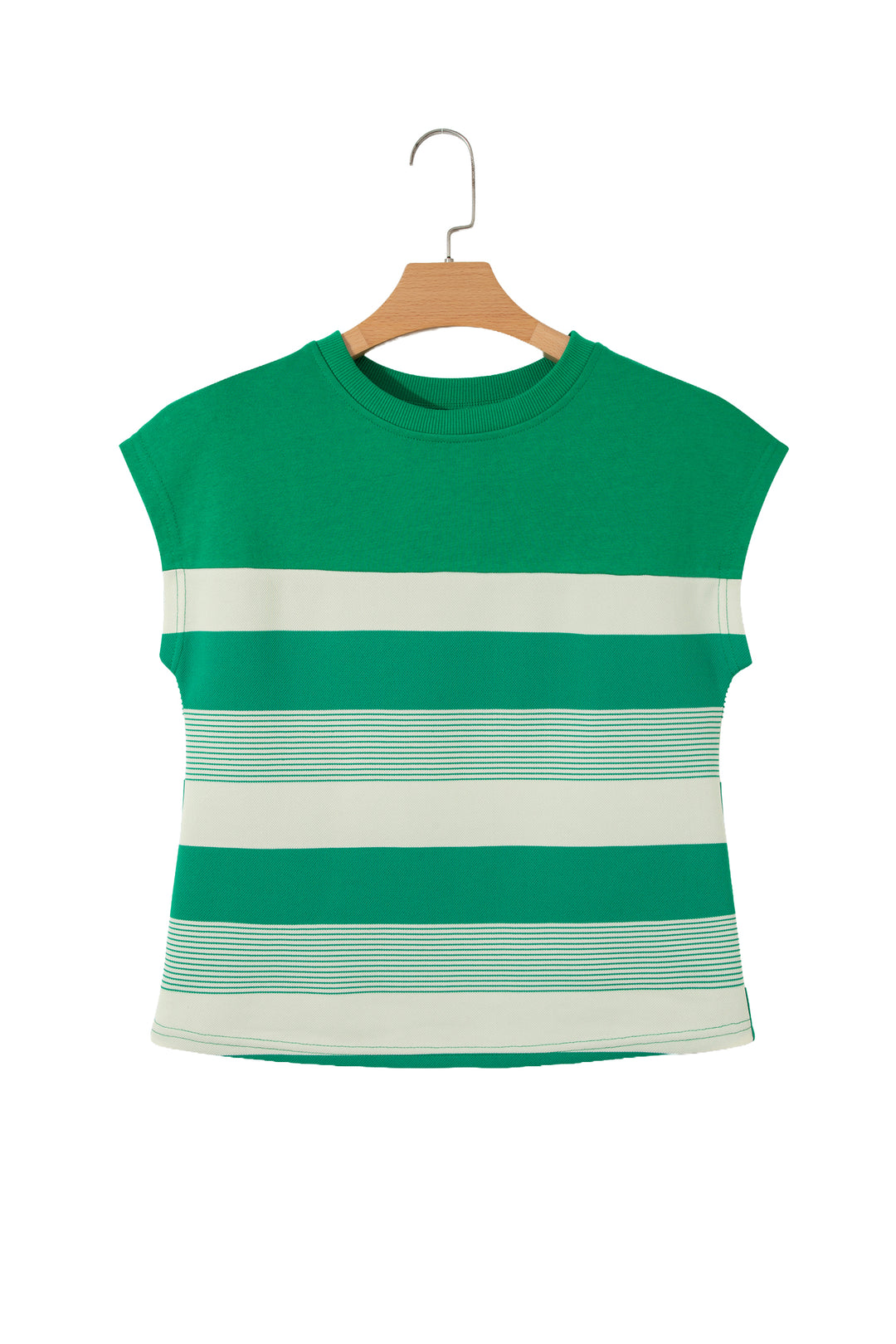 Stripe Mixed Print Crew Neck Cap Sleeve T Shirt