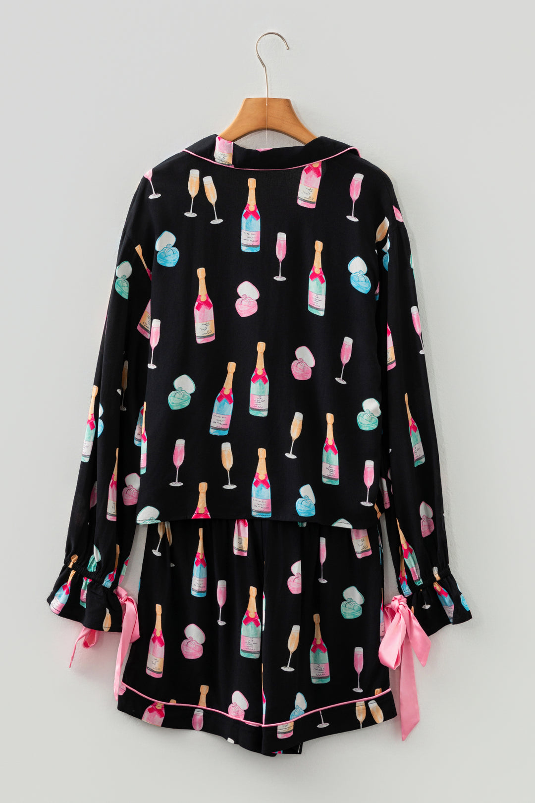 Christmas Wine Glass Print Bow Knot Two Piece Pajama Set