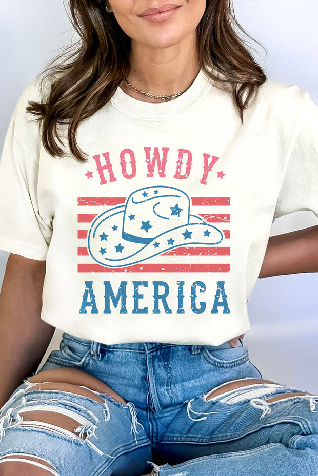 a woman wearing a white t - shirt with the words howdy america on it