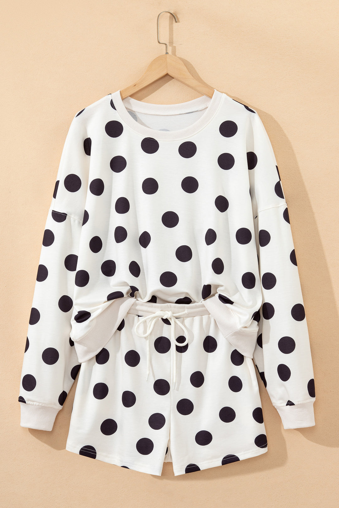 Polka Dot Print Drop Shoulder Pullover Drawstring Shorts Set