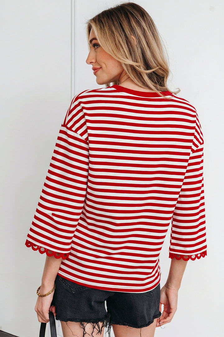 Racing Striped Print Drop Shoulder Lace Trim Bracelet Sleeve Loose Top