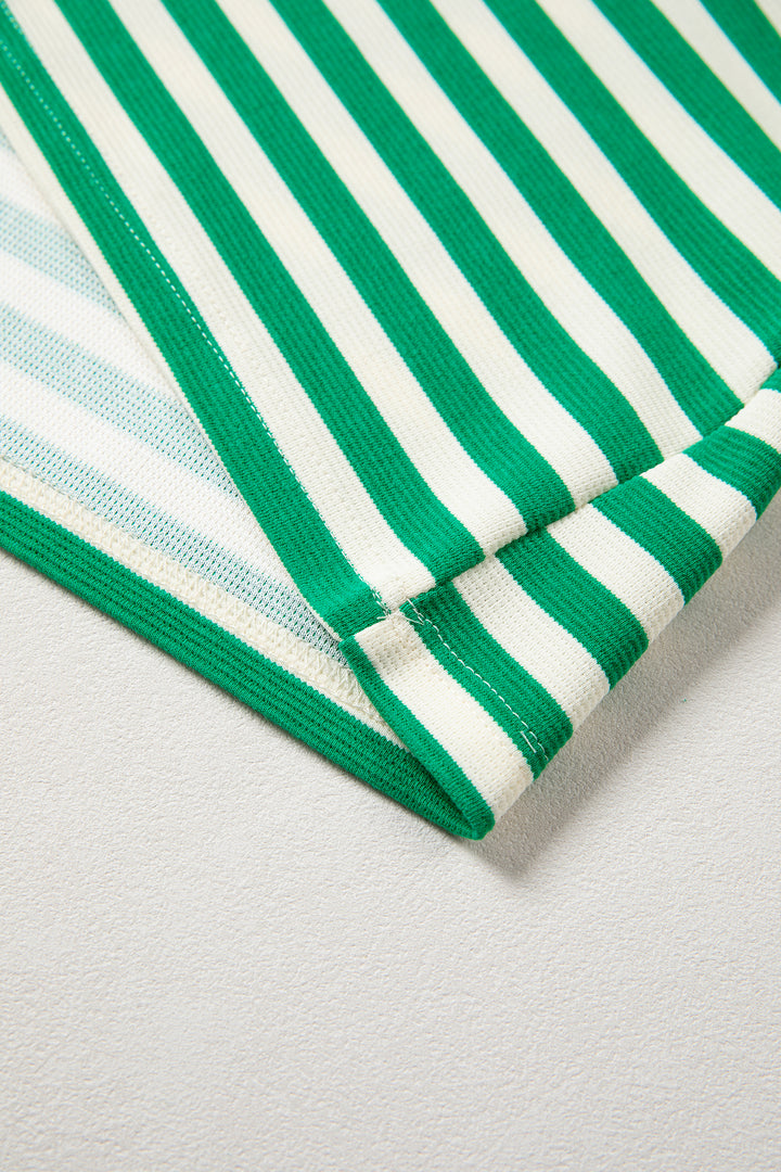 Stripe Contrast Trim Polo Collar Ruffled Short Sleeve Blouse