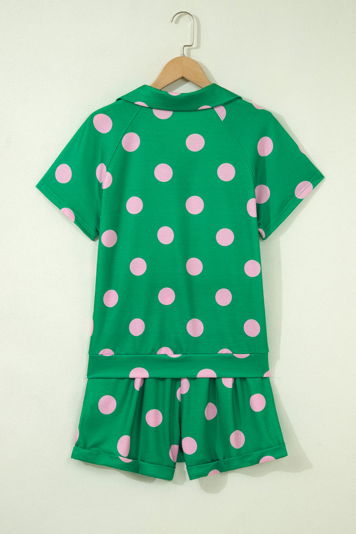 Polka Dot Print V Neck Tee Short Set