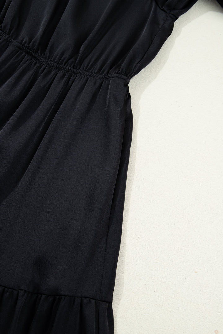 Black Flounced Bracelet Sleeve V Neck Tiered Maxi Dress