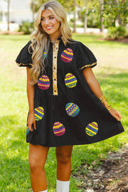 Black Easter Egg Sequin Half Button Neck Puff Sleeve Graphic Dress -