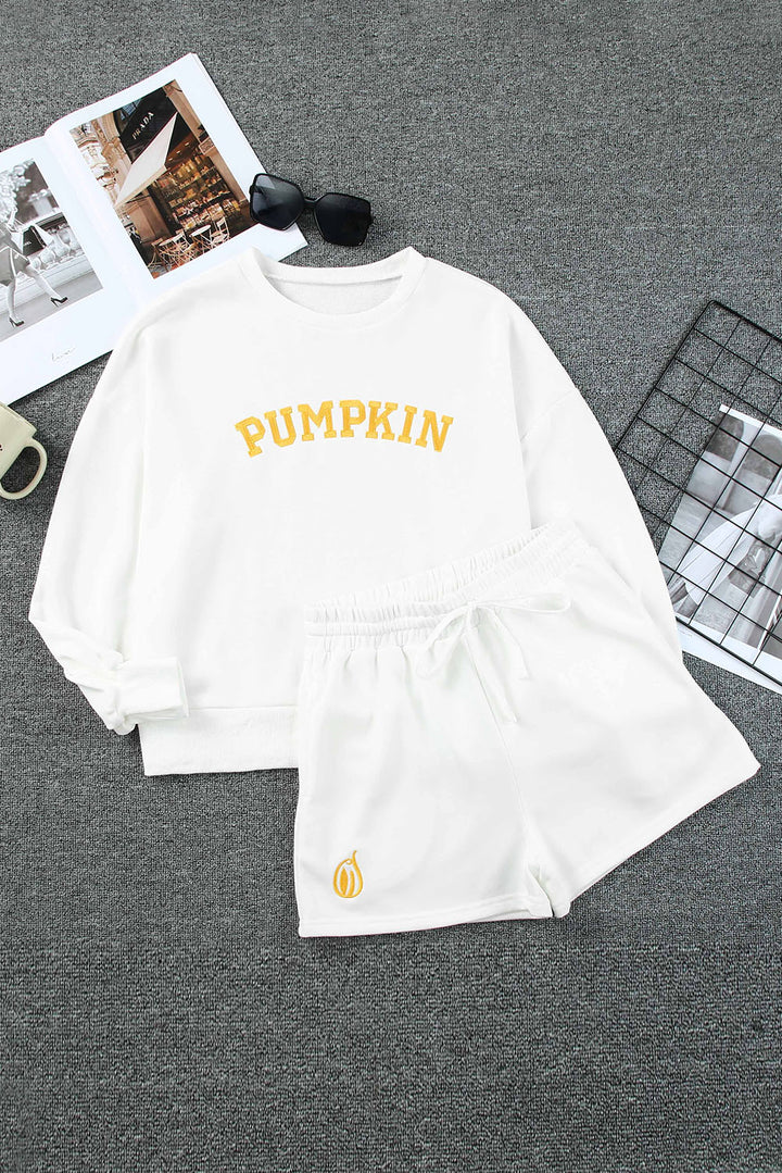 White PUMPKIN Flocking Graphic Pullover Sweatshirt and Shorts Set