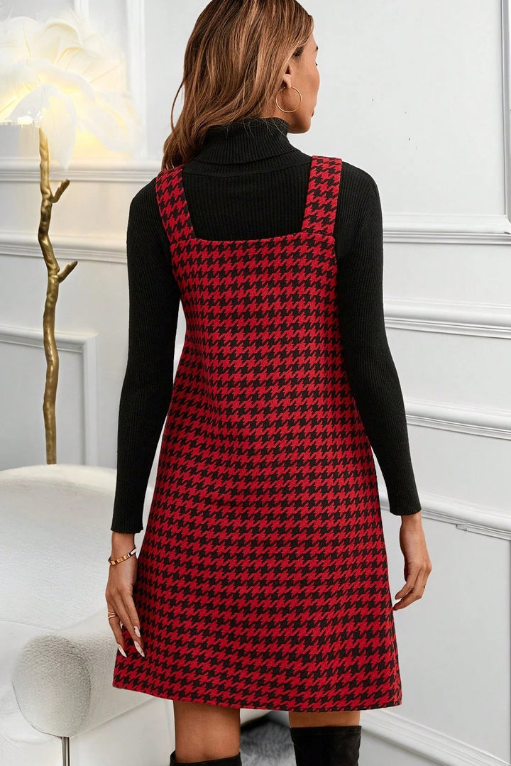 Houndstooth Print V Neck Sleeveless Mini Dress