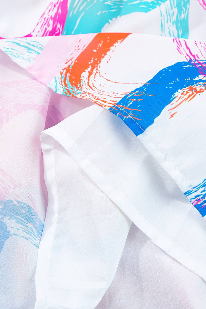 a close up of a white shirt with a colorful design on it