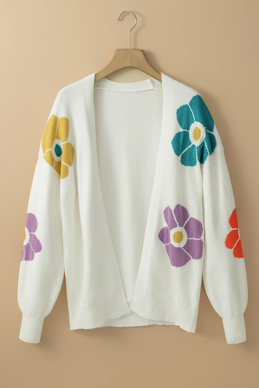 White Flower Jacquared Bubble Sleeve Open Cardigan