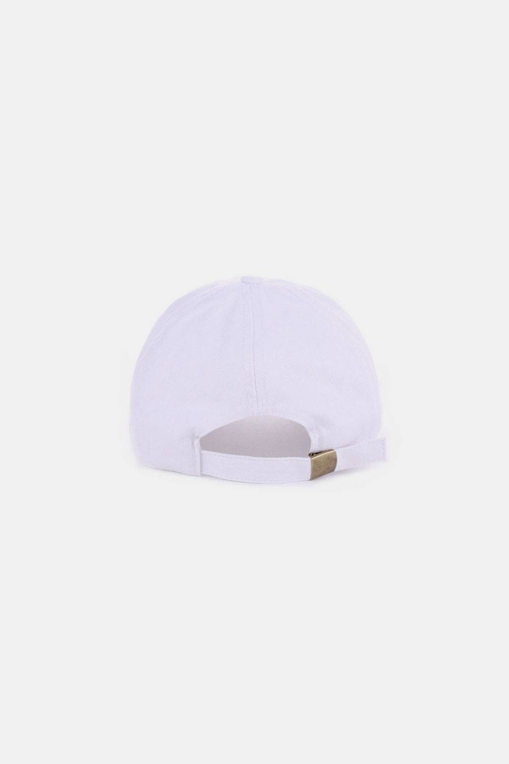 a white baseball cap with a gold bar on the front