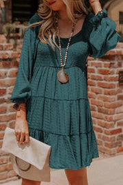 Bishop Sleeve Smocked Tiered Mini Dress - Mist Green / L / 50%Polyester+50%Viscose