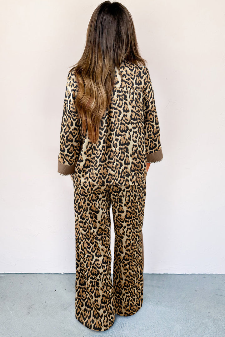 Brown Leopard Collared 3/4 Sleeve Shirt and Loose Pants Two Piece Outfit Set