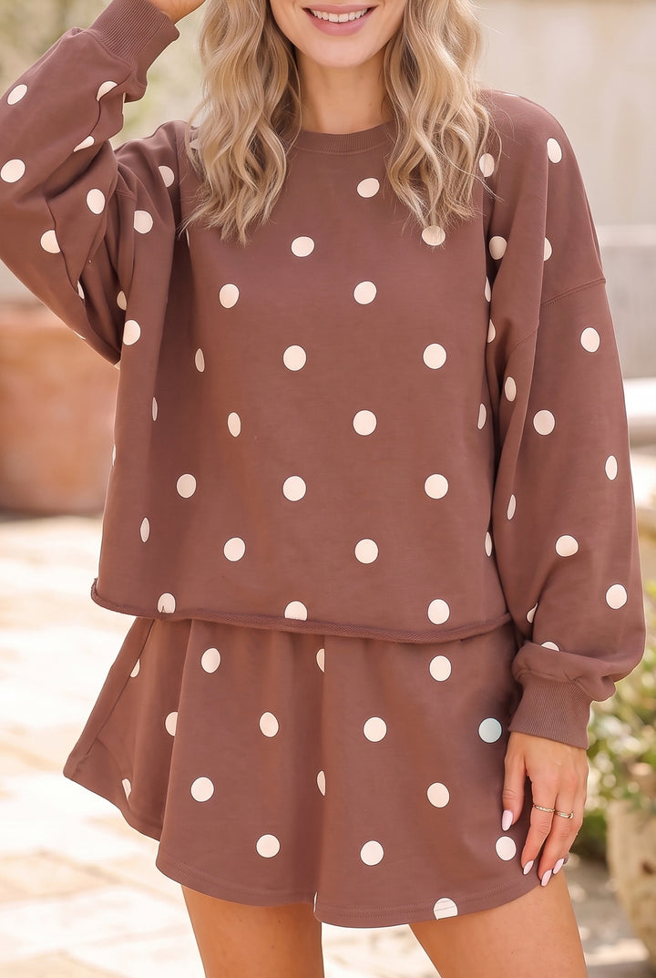 Brown Polka Dot Raw Hem Relaxed Pullover Loose Skort Two Piece Set