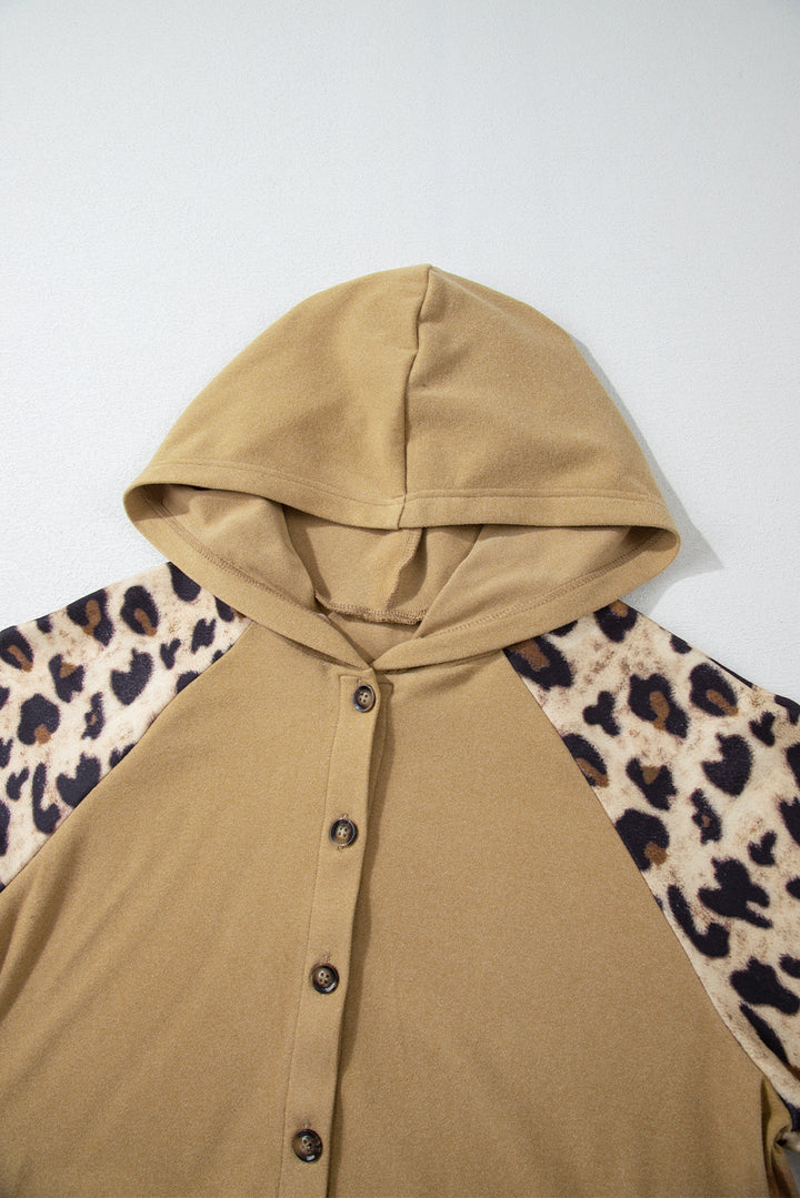 Leopard Print Patchwork Raglan Sleeve Half Buttons Hoodie