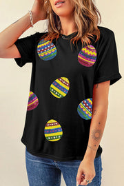 Black Easter Sequin Eggs Graphic Round Neck T Shirt - Black / 2XL
