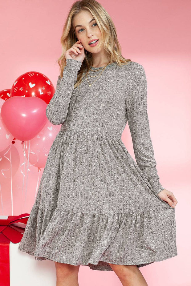 Gray Pocket Ribbed Pleated Ruffle Hem Mini Dress - Gray / S