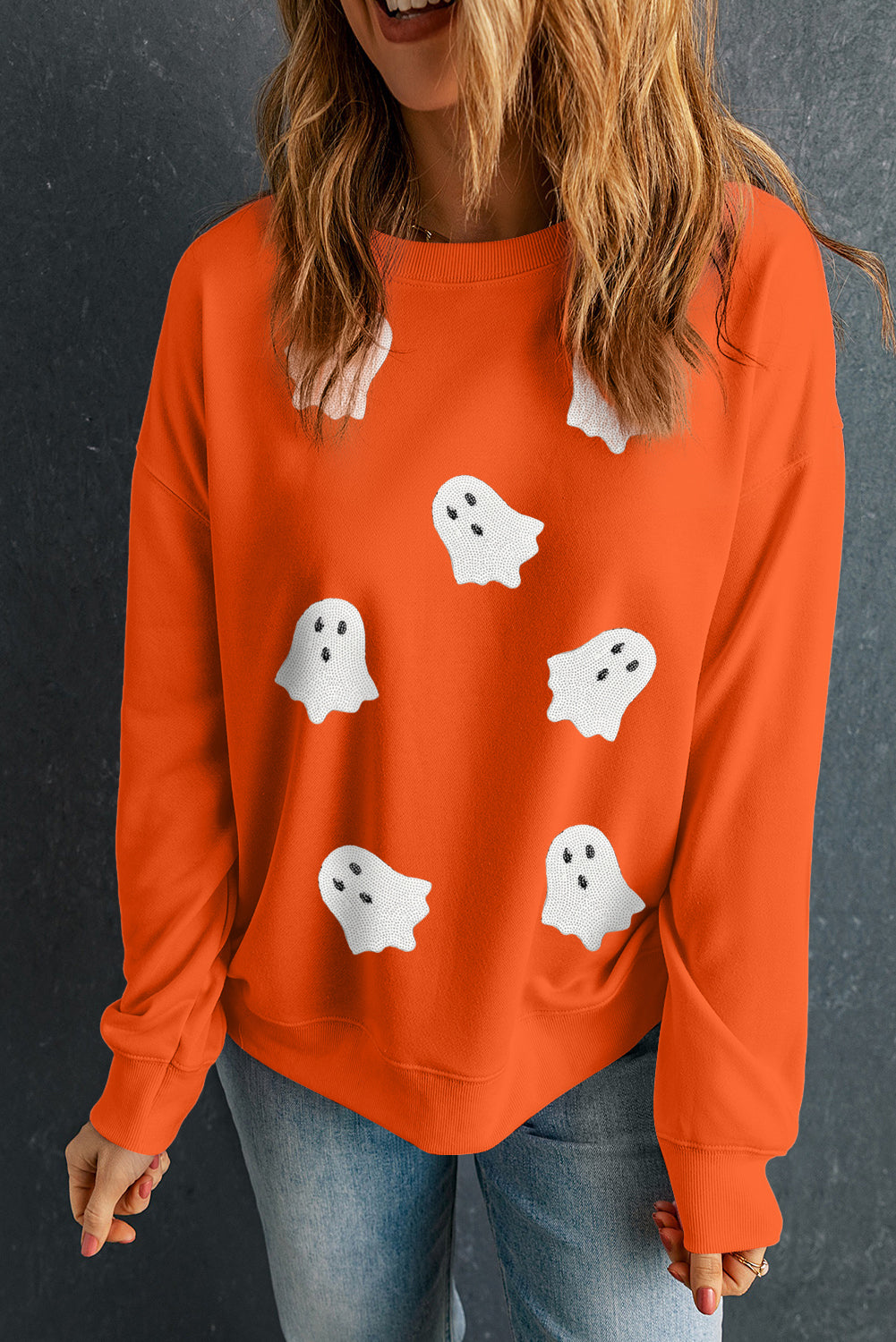 Sequin Halloween Ghost Patched Drop Shoulder Sweatshirt