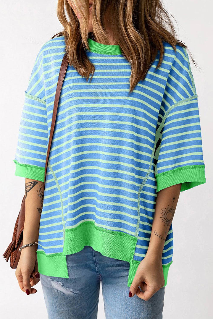 Stripe Oversized Contrast Trim Exposed Seam High Low T Shirt