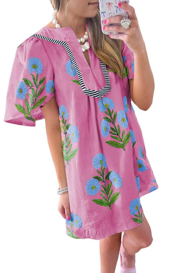 Floral Short Sleeve Split Neck Loose Mini Dress