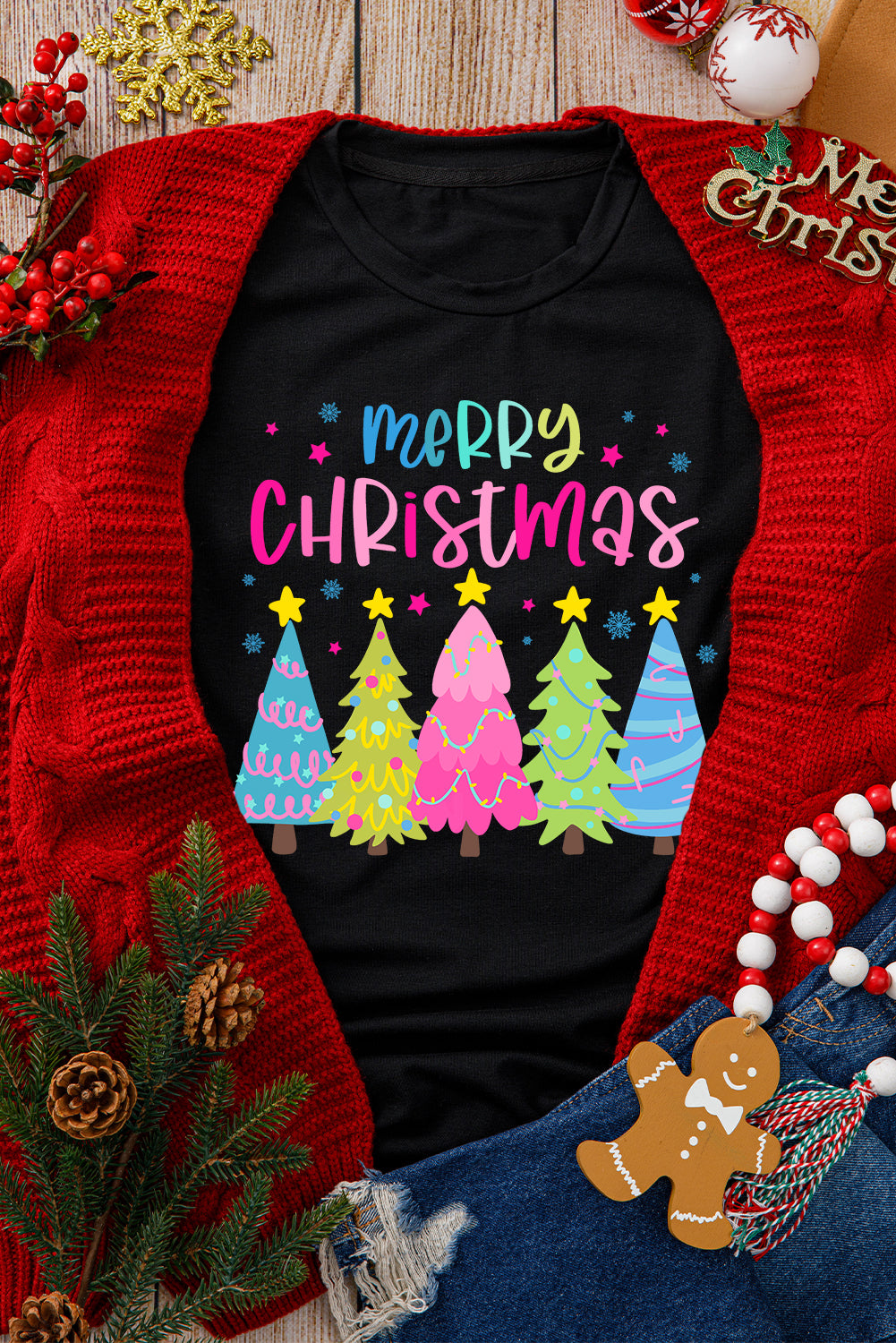 Black Merry Christmas Trees Print Crew Neck Loose T Shirt