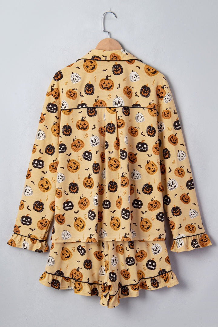 Orange Long Sleeve Ruffle Pumpkin Face Print Two Piece Lounge Set