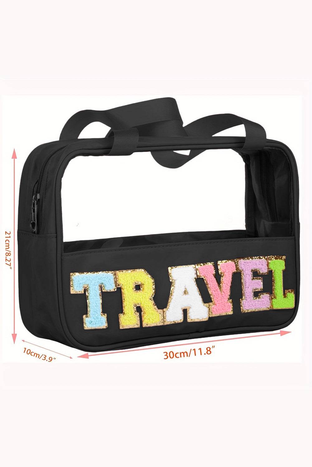 a black travel bag with the word travel printed on it