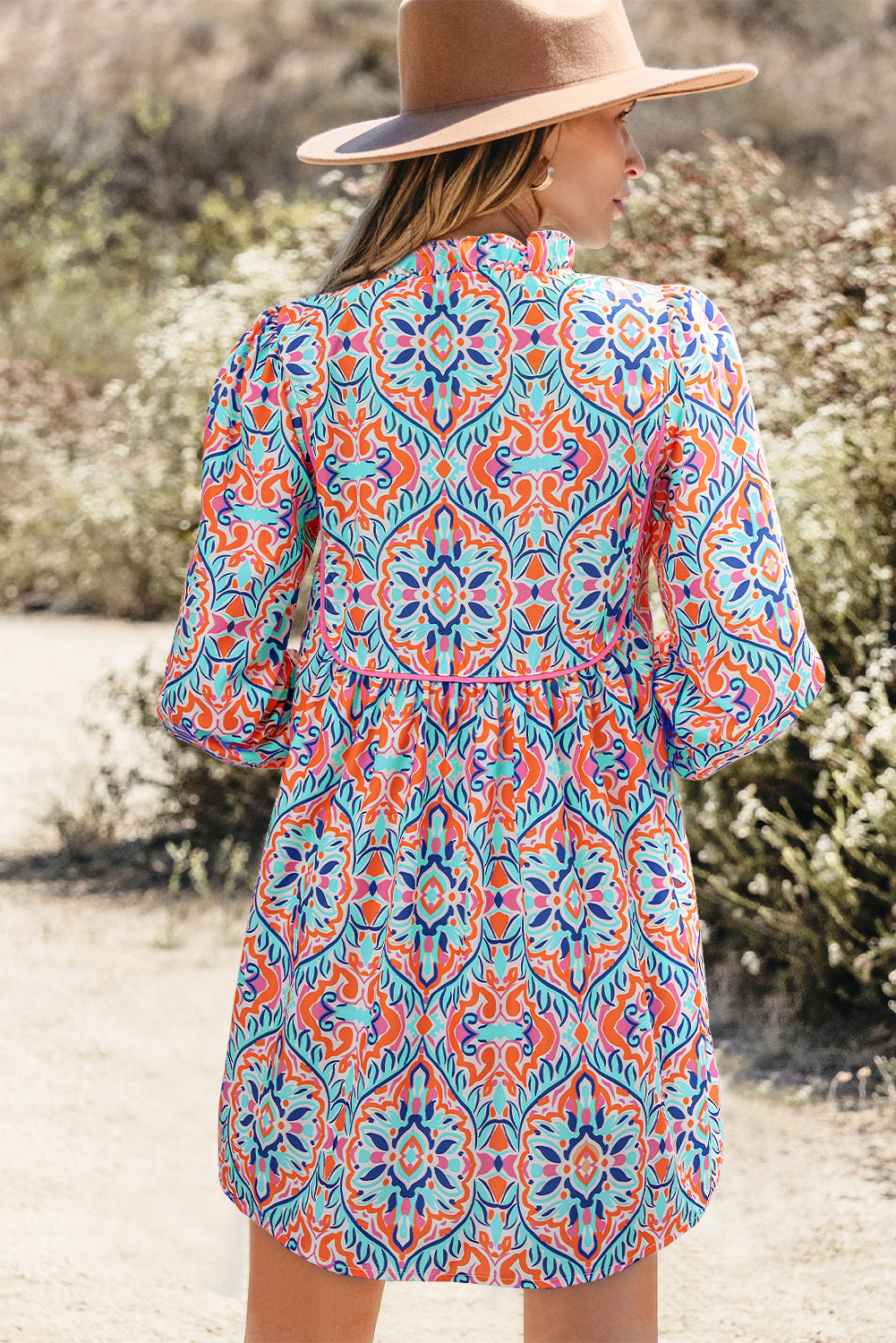 Abstract Printed Long Sleeve Tied Neckline Mini Dress - Sunny Angela Sky Blue / L Abstract Printed Long Sleeve Tied Neckline Mini Dress - Sunny Angela Sky Blue / L
