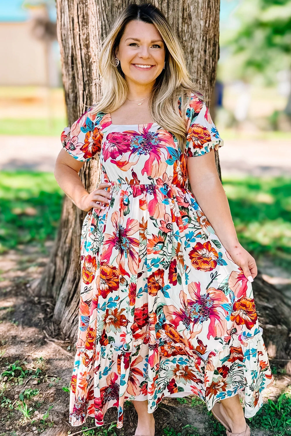 White Floral Square Neck Puff Sleeve Flowy Plus Size Midi Dress - Sunny Angela White / 4X White Floral Square Neck Puff Sleeve Flowy Plus Size Midi Dress - Sunny Angela White / 4X