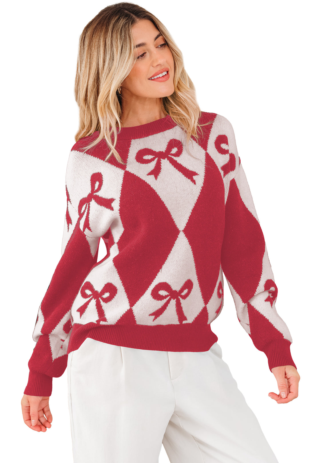 Red Bow Print 2-tone Rhombus Knit Loose Sweater