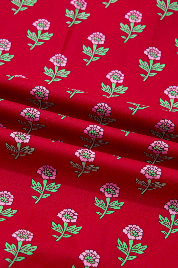 Red Floral Print Contrasted V Neck Short Bubble Sleeve Mini Dress