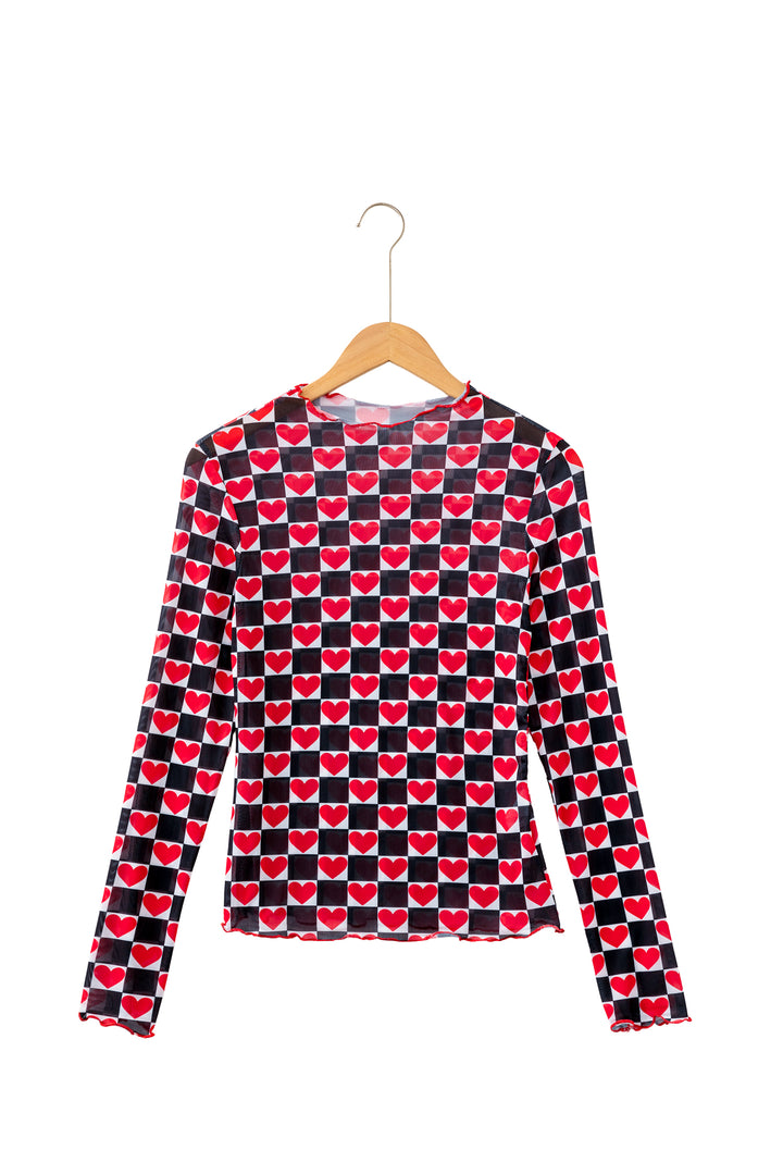 Plaid Heart Mesh Sheer Long Sleeve High Neck Blouse