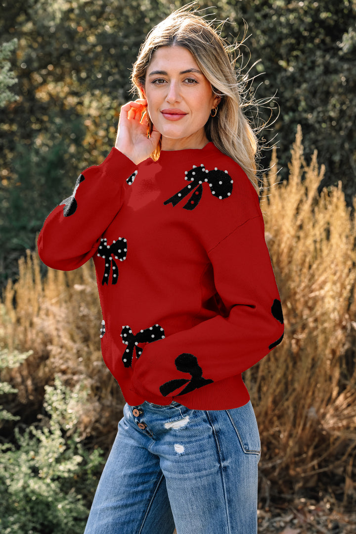 Pearl Embellished Bow Pattern Loose Sweater