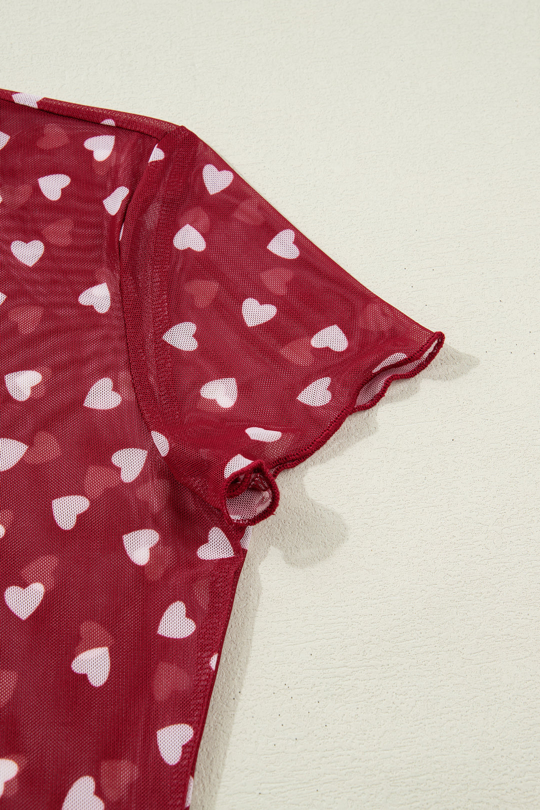 Racing Red Allover Heart Print Mesh Short Sleeve Top