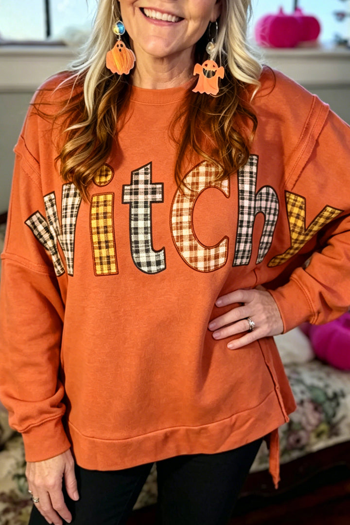 Halloween Witchy Plaid Slogan Embroidered Patch Tunic Sweatshirt
