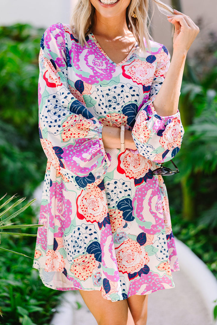 Multicolor Bracelet Bubble Sleeve Blooming Flower Print Dress