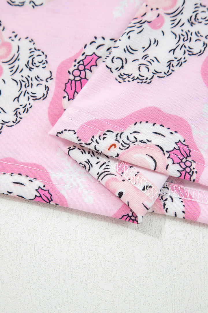 Pink Santa Claus Print V Neck Tee Drawstring Pants 2pcs Lounge Set