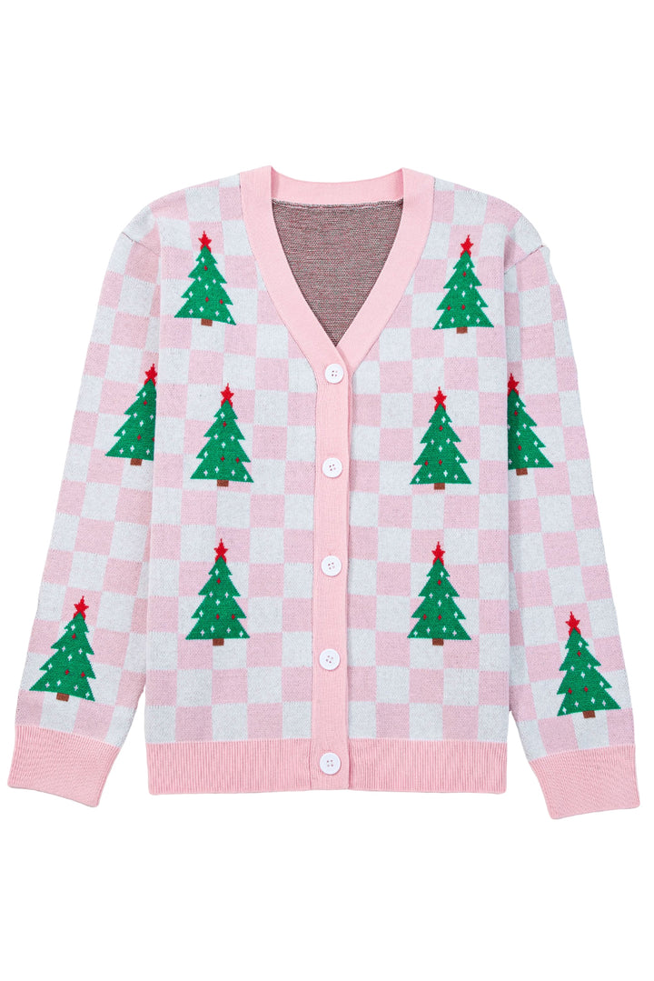 Checkered Christmas Tree Pattern Button V Neck Cardigan Sweater
