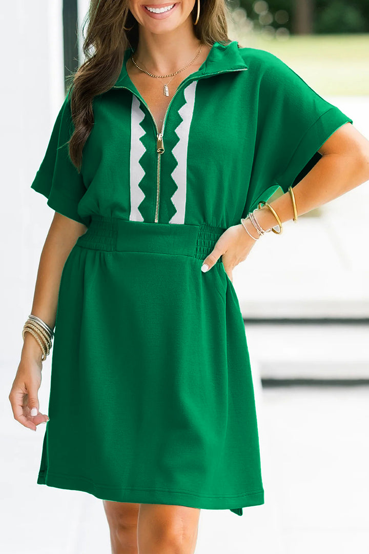 Bright Green Contrast Patchwork Half Zip Elastic Waist Short Sleeve Mini Dress