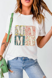 a woman wearing a t - shirt with the word ma ma on it