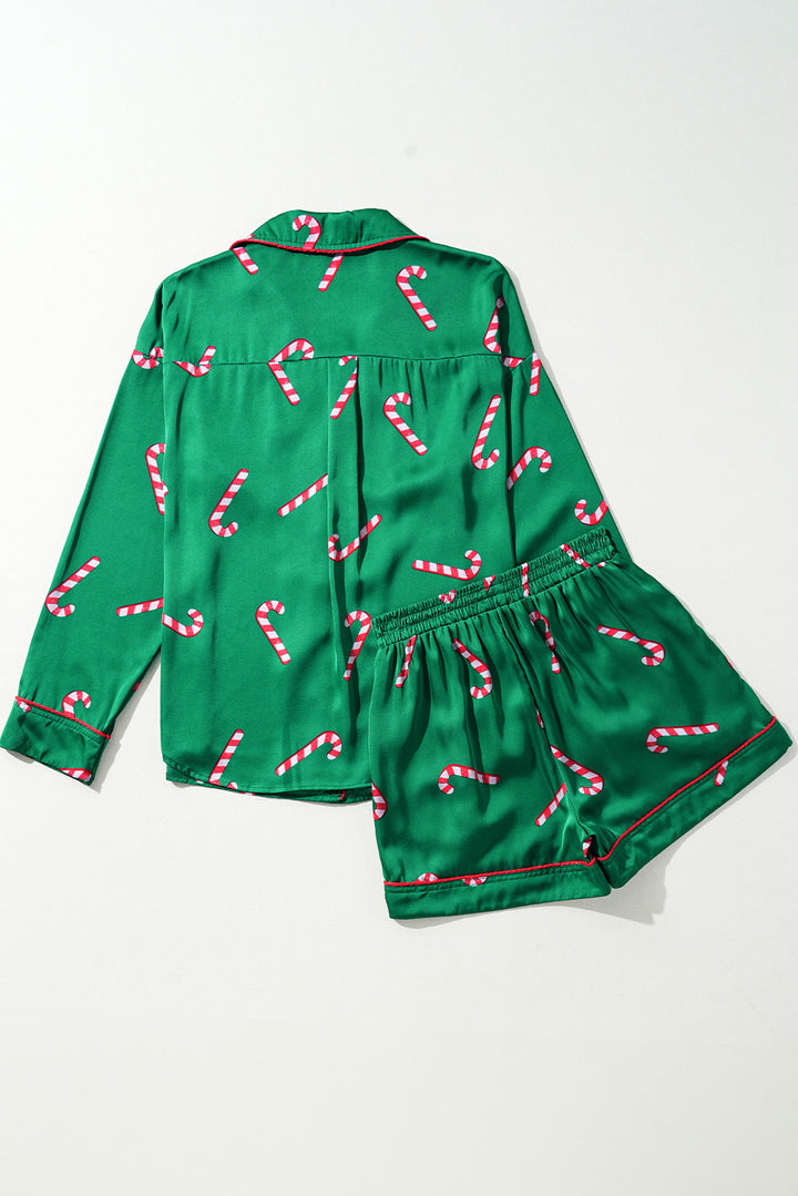 Green Christmas Candy Cane Print Shirt and Shorts Pajama Set