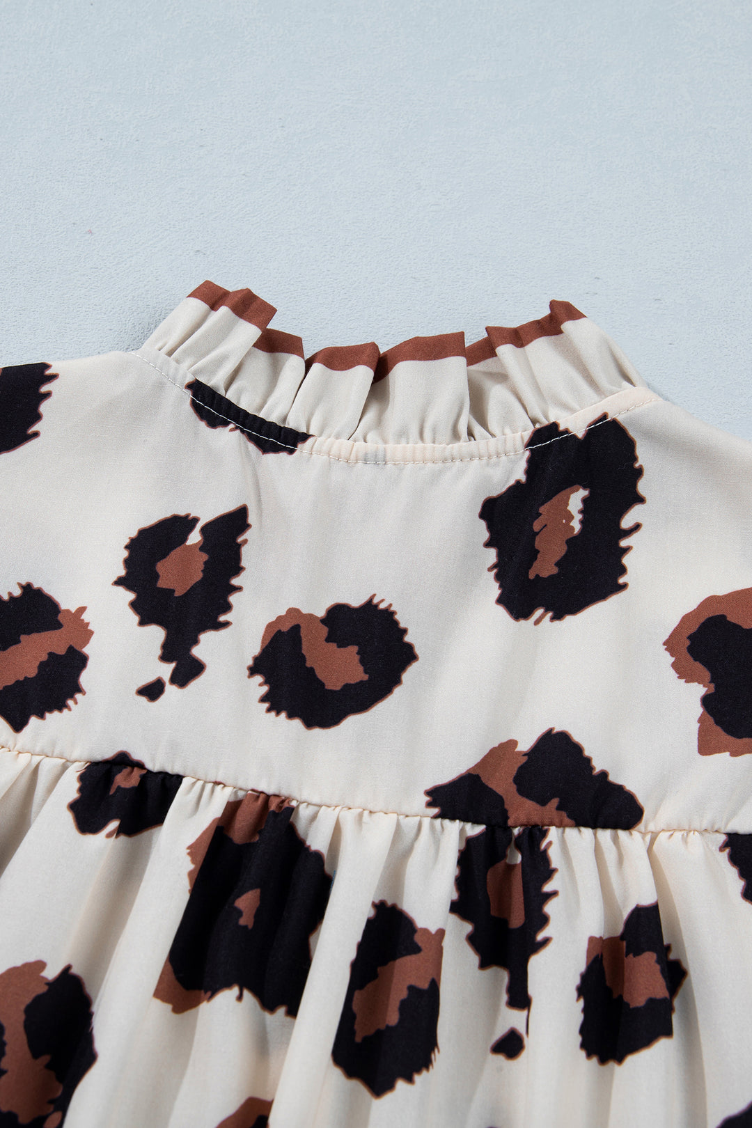 Khaki Leopard Printed Ruffle Sleeve Summer Blouse