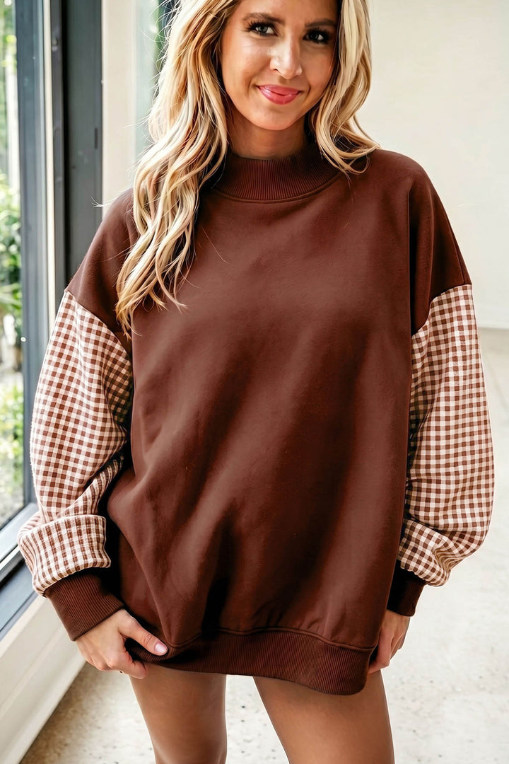 Plaid Sleeve Color block Loose Tunic Sweatshirt