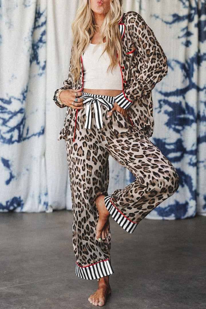 Khaki Leopard Print Colorblock Striped Patchwork Shirt and Pants Pajama Set
