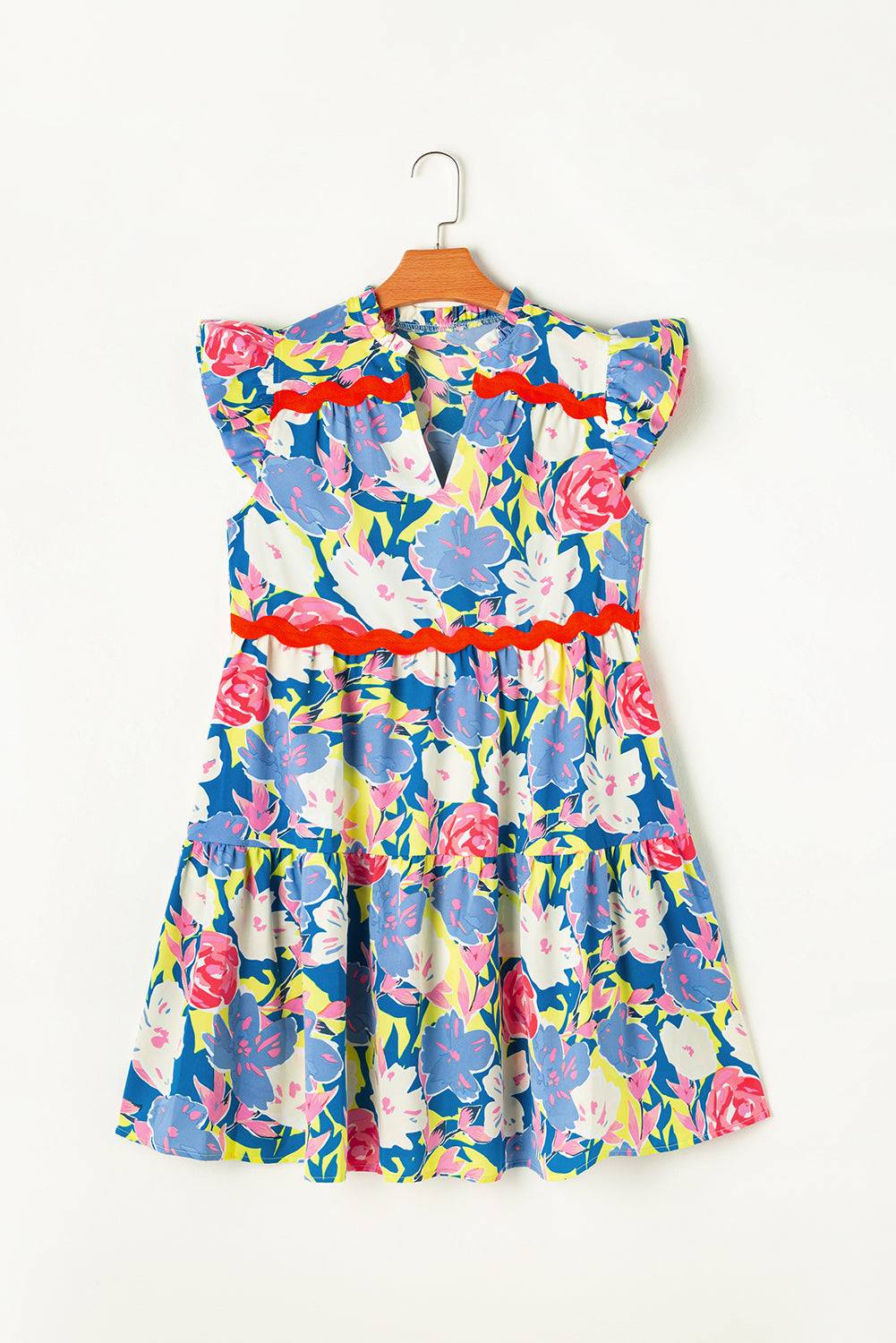 Flat lay of Pink Floral Printed V Notched Ric Rac Flutter Sleeve Dress on hanger. A-line silhouette with vibrant floral print at Faith & Co. Boutique.