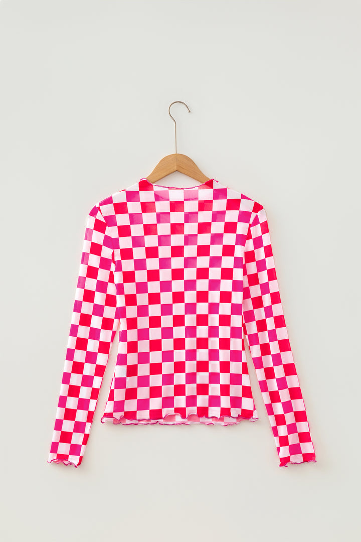 Plaid Heart Mesh Sheer Long Sleeve High Neck Blouse