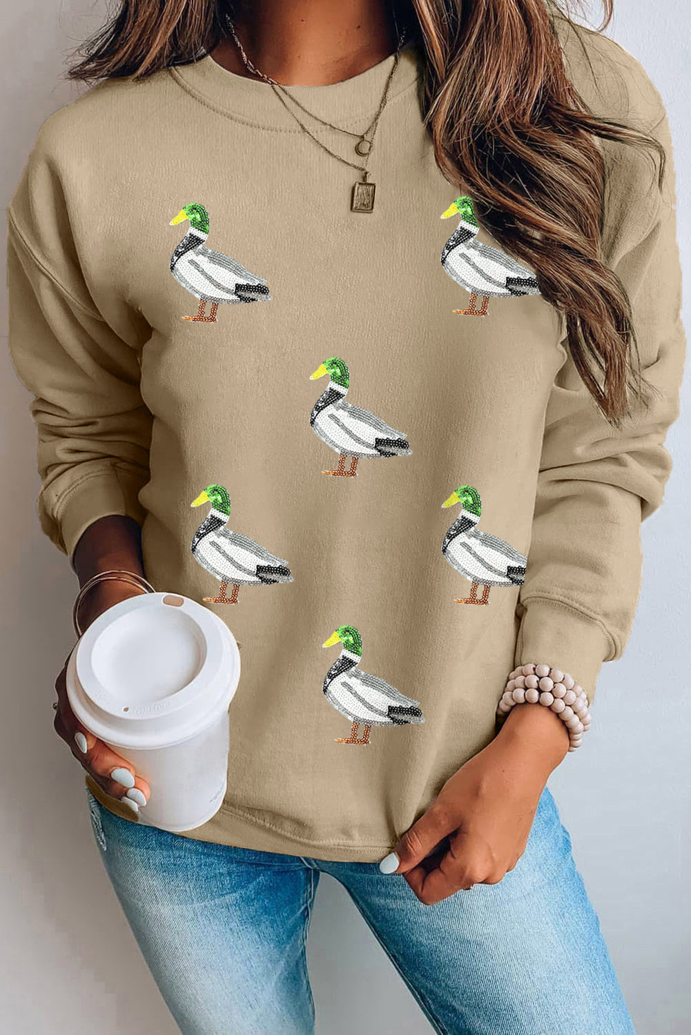 Khaki Sequin Mallard Duck Graphic Sequins Patch Baggy Sweatshirt