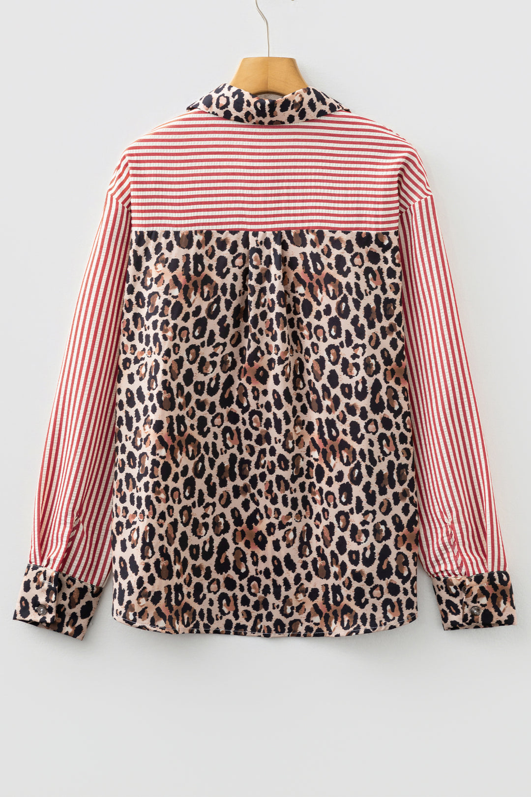 Red Striped Leopard Print Patchwork Button Up Women's Shirt
