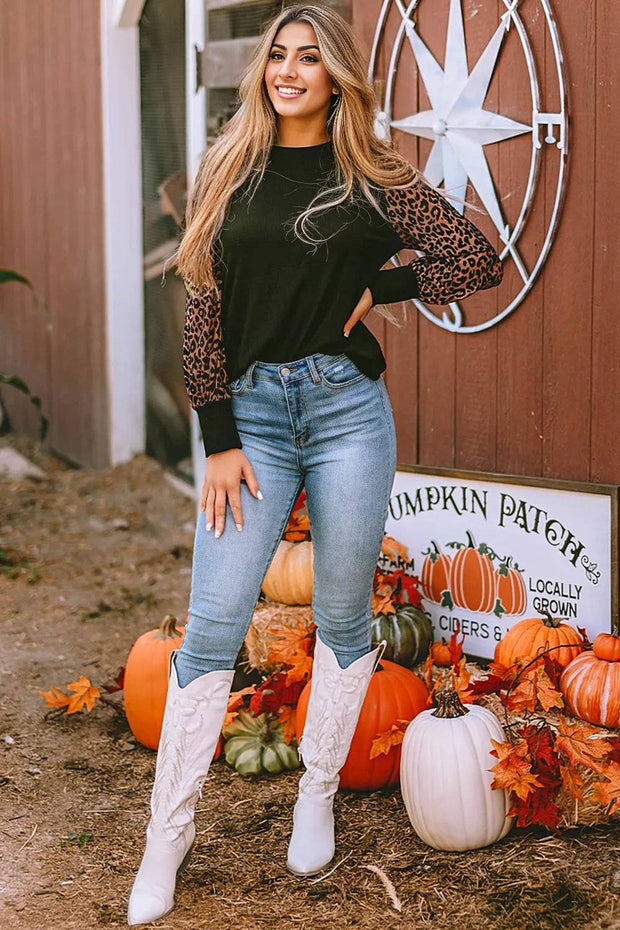 Leopard Print Long Sleeve Ribbed Knit Blouse -